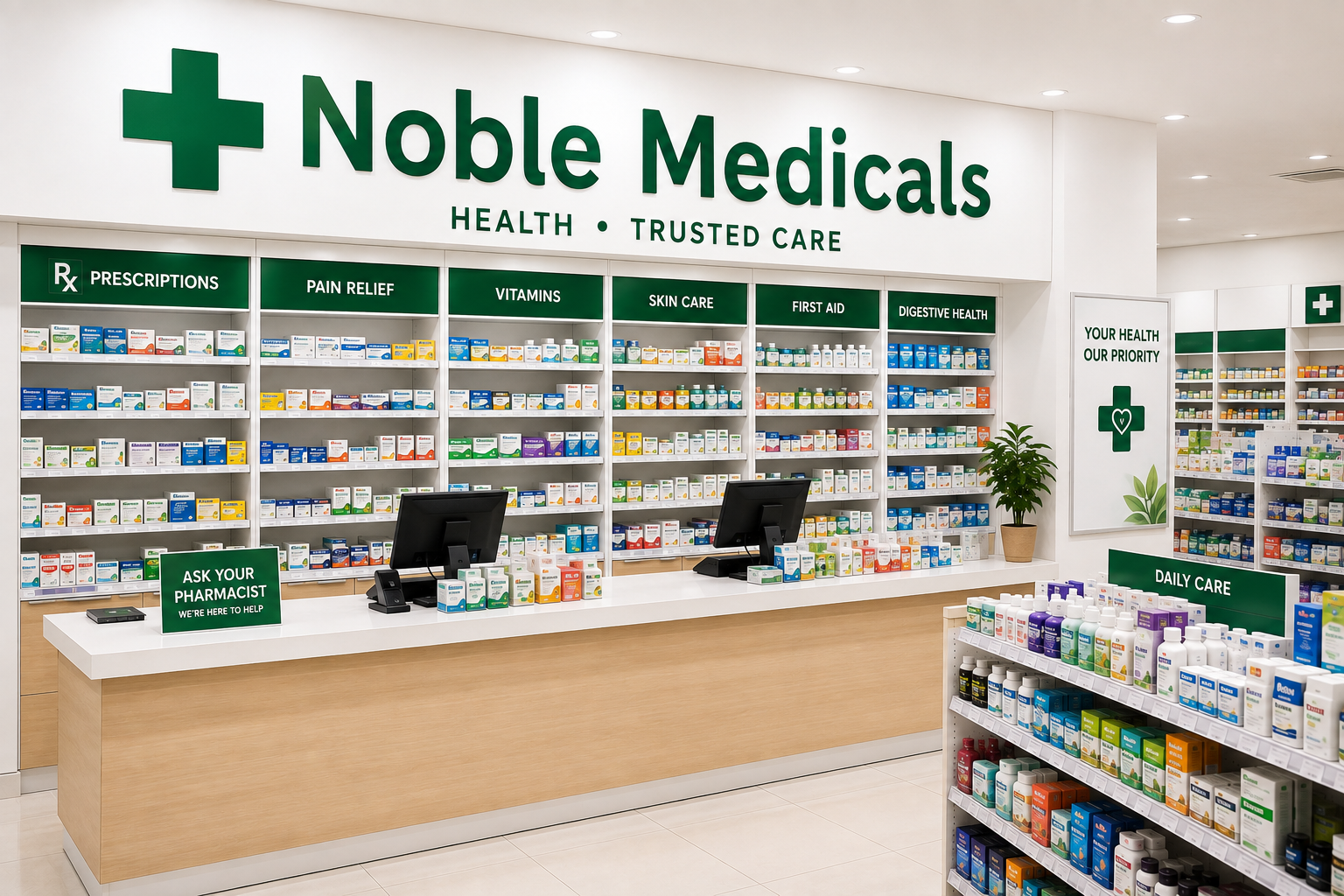 Illustration of a pharmacist assisting a customer at the Noble Chemist counter
